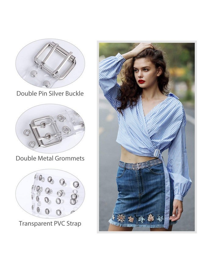 Ladies Clear Double Grommet Belts With Holes For Teens Girls Transparent Punk Waist Belts For Jeans Shorts Thanksgiving Day(Pants Size Below 35”Silver)