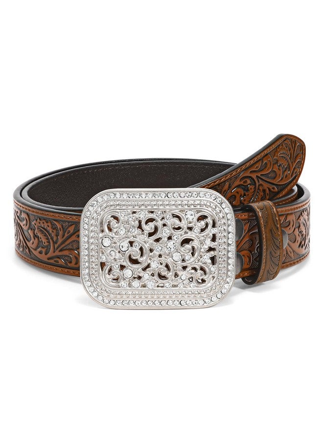 Women Men Western Belt Vintage Country Belts For Cowgirl Cowboys Genuine Leather Belt With Silver Diamond Buckle