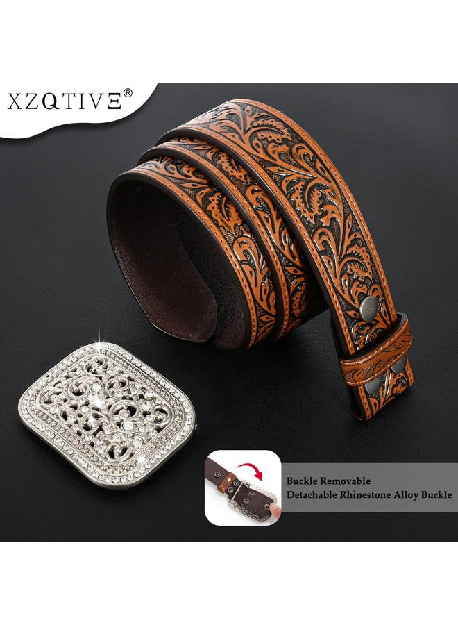 Women Men Western Belt Vintage Country Belts For Cowgirl Cowboys Genuine Leather Belt With Silver Diamond Buckle