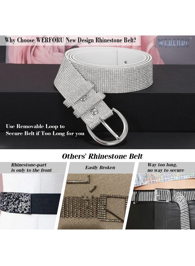 Women Bling Rhinestone Soft Jeans Dress Belt Shiny Crystal Waist Belt With Silver Buckle White39.4