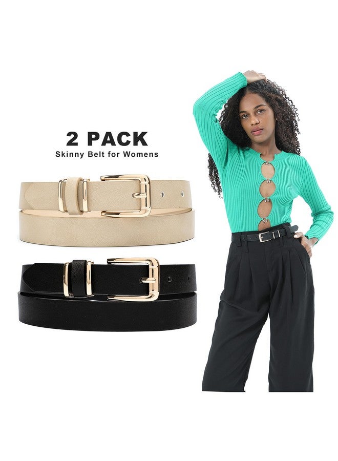 Women'S Waist Belt For Jeans Dress Pu Leather Pin Buckle Skinny Belt 2 Pack Black&Beige Xsmall