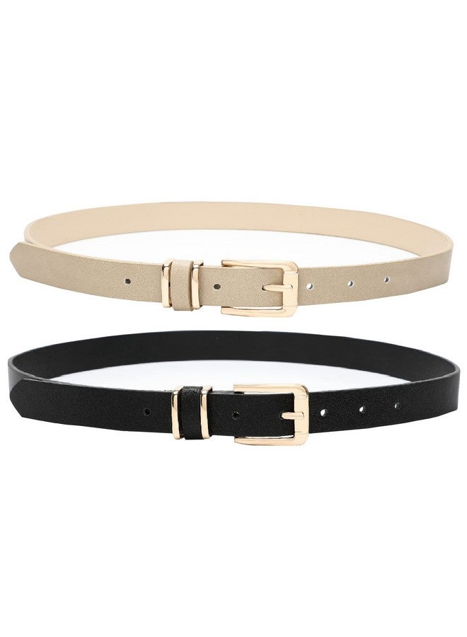 Women'S Waist Belt For Jeans Dress Pu Leather Pin Buckle Skinny Belt 2 Pack Black&Beige Xsmall