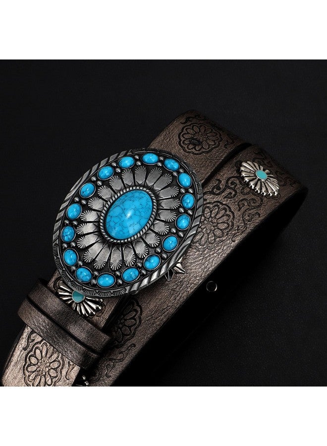 Women Western Leather Belt Vintage Country Belts For Cowgirl Jeans Dresses Ladies Concho Belt With Turquoise Buckle