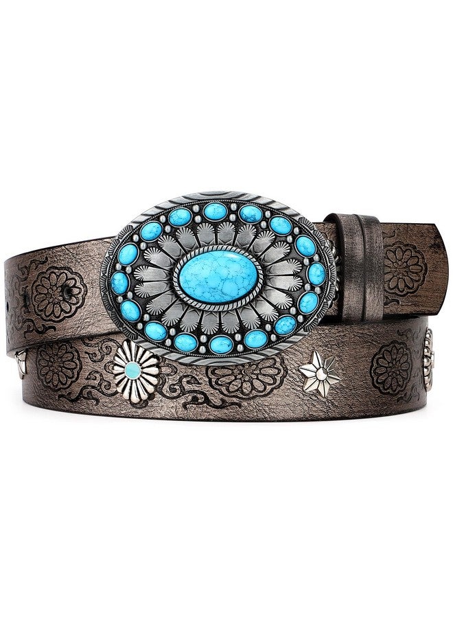 Women Western Leather Belt Vintage Country Belts For Cowgirl Jeans Dresses Ladies Concho Belt With Turquoise Buckle