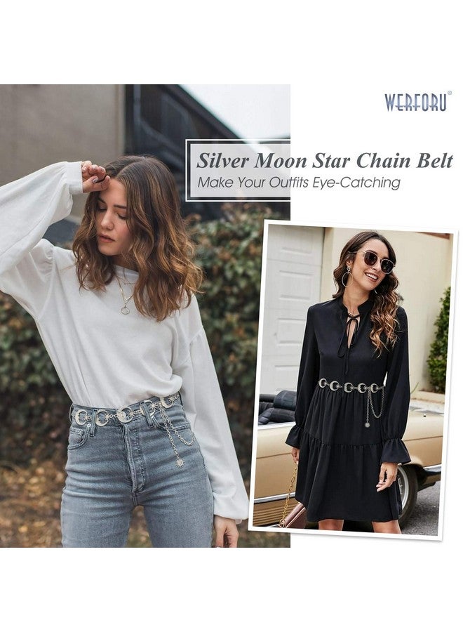 Women'S Silver Metal Link Moon Star Body Chain Belt Ladies Waist Chain Belt For Jeans Dresssilver Suit For Waist Size Below 46 Inches