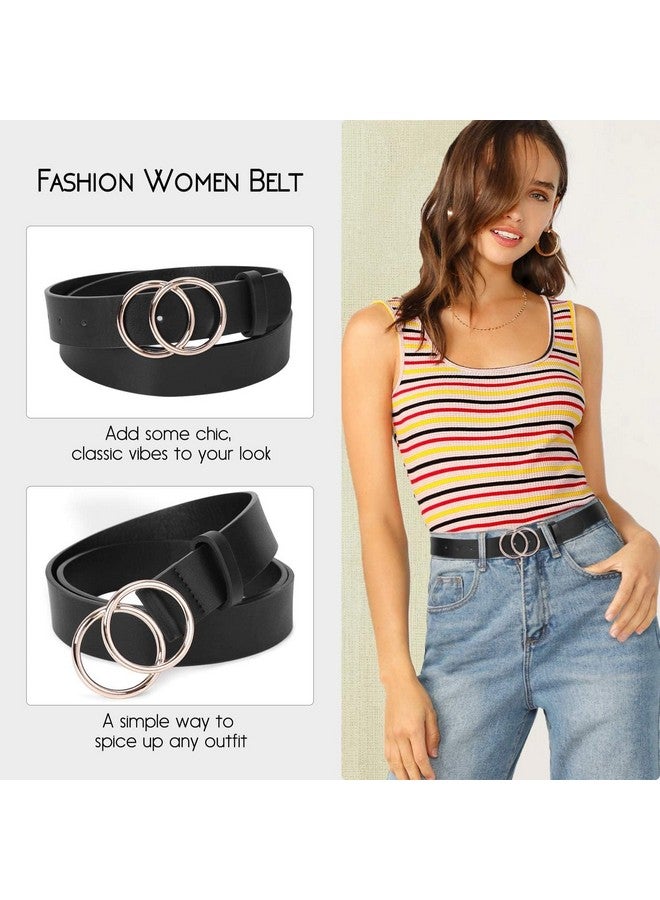 2 Pack Women Leather Belts Faux Leather Jeans Belt With Double Oring Buckle (Black & Brown M)