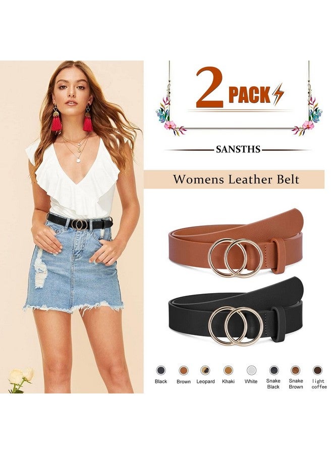 2 Pack Women Leather Belts Faux Leather Jeans Belt With Double Oring Buckle (Black & Brown M)