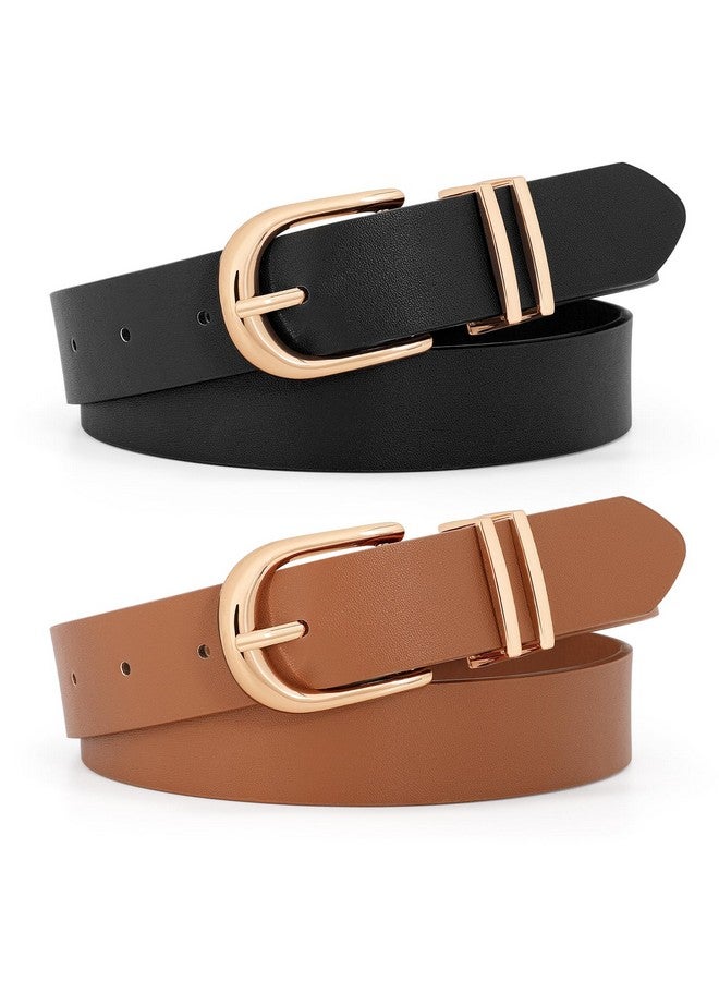 2 Pack Women'S Leather Belt For Jeans Pants Plus Size Faux Leather Fashion Ladies Belts For Dresses With Gold Buckle