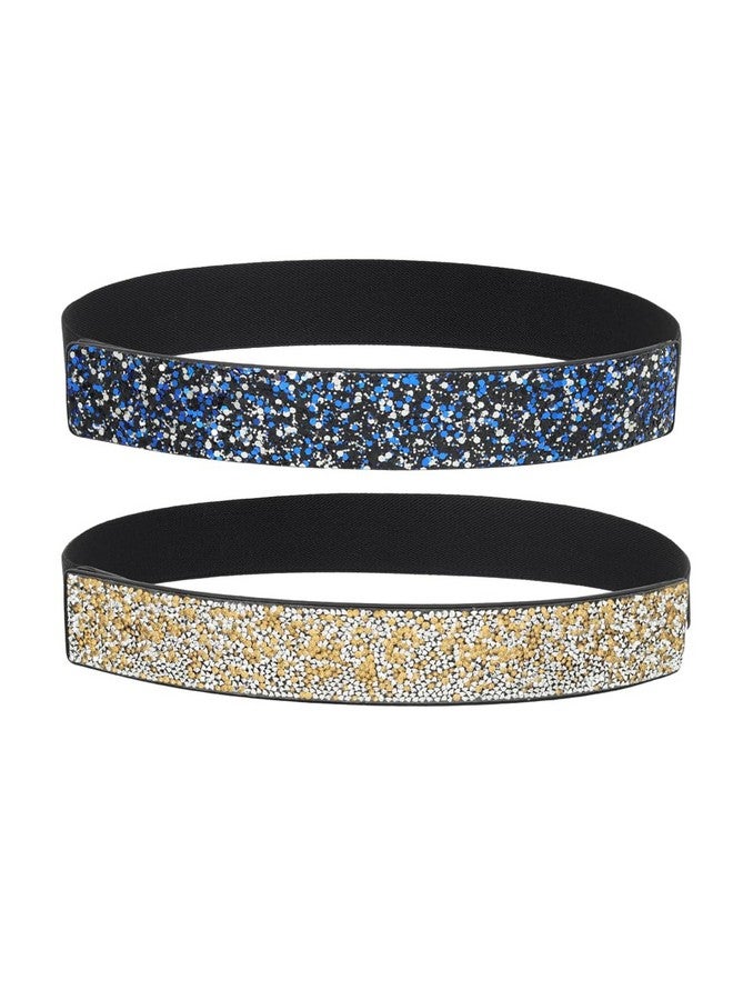 Bling Rhinestone Elastic Cinch Belt Blue Gold Crystal Black Stretchy Belts Wide Stretch Dress Dresses Waist Belt For Women(Pack Of 2)