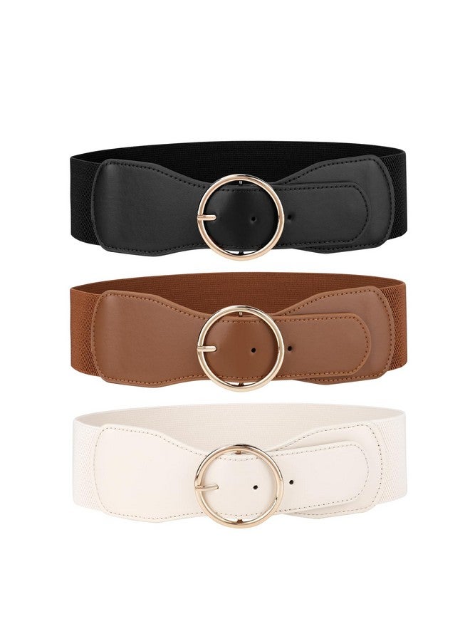 3 Pack Women Wide Elastic Waist Belt For Dress Ladies Stretch Belt With Gold Round Buckle