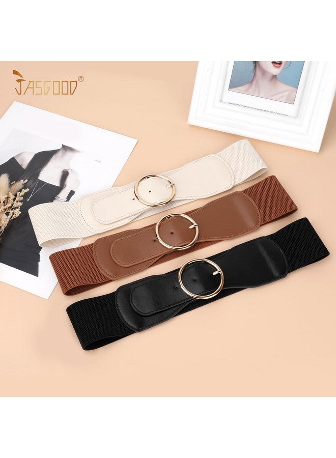 3 Pack Women Wide Elastic Waist Belt For Dress Ladies Stretch Belt With Gold Round Buckle