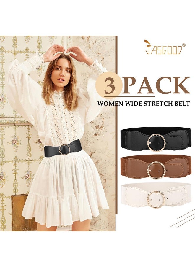 3 Pack Women Wide Elastic Waist Belt For Dress Ladies Stretch Belt With Gold Round Buckle