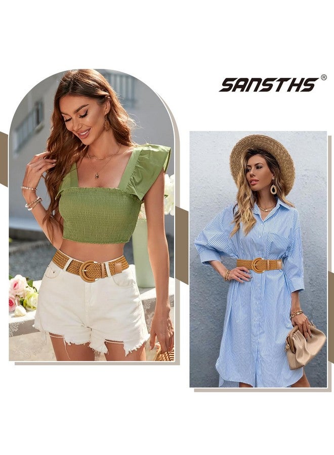 Women Braided Rattan Wide Belt Woven Waist Belt With Halfcircle Buckle For Summer Dress Jeans Pantsbrownm