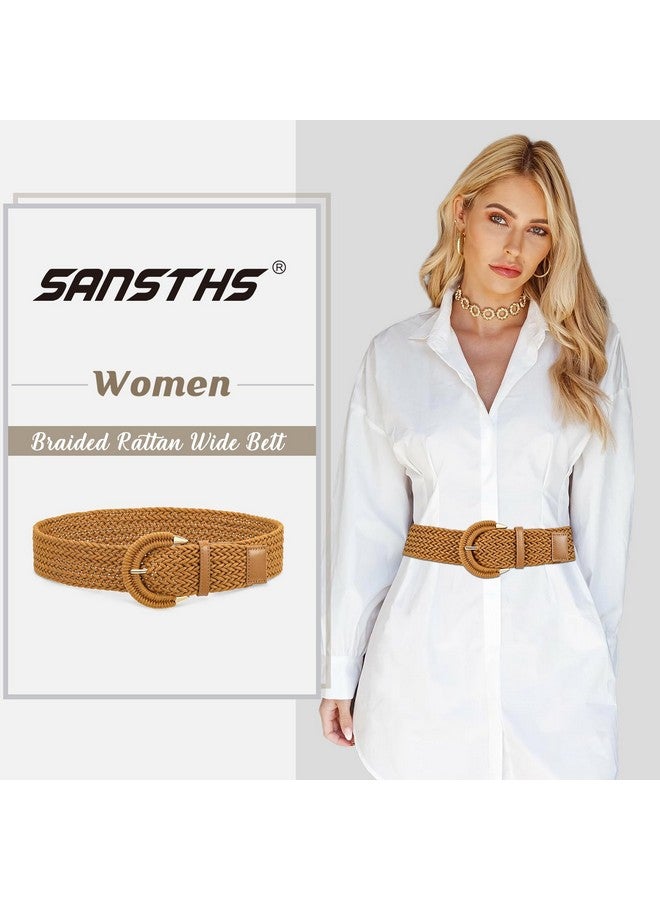 Women Braided Rattan Wide Belt Woven Waist Belt With Halfcircle Buckle For Summer Dress Jeans Pantsbrownm