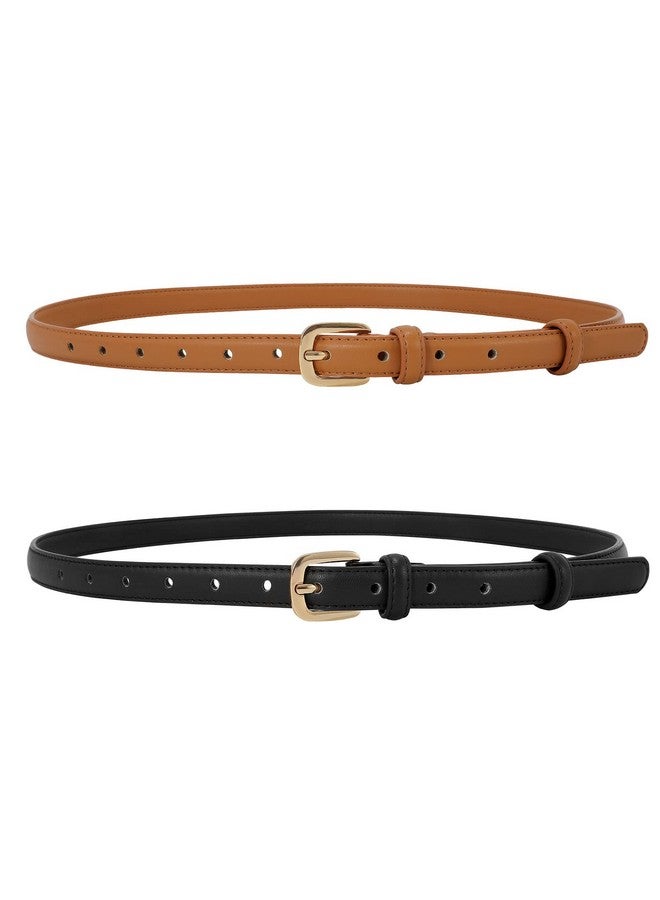 2 Pack Women Thin Skinny Faux Leather Belt Waist Belt With Metal Pin Buckle For Dress Jeans Black Brown S