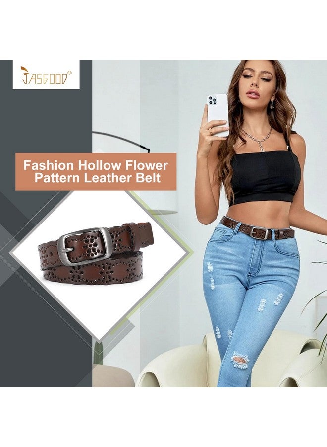 Women Hollow Flower Leather Belt For Jeans Pants Soft Leather Belt With Solid Pin Buckle(Coffee Fit Waist Size 3337 Inches)