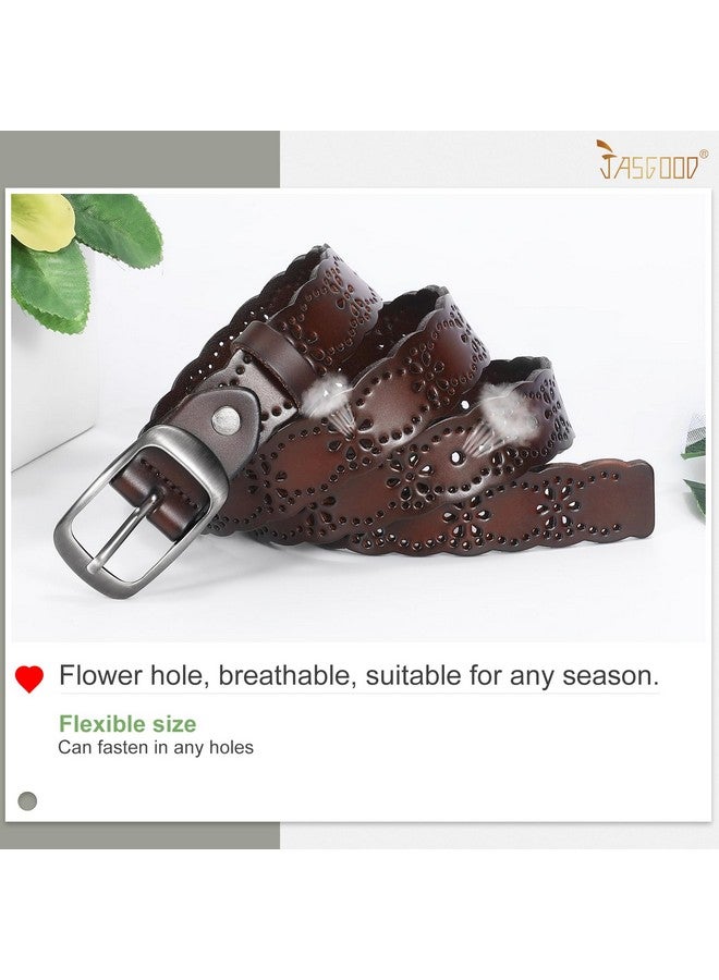 Women Hollow Flower Leather Belt For Jeans Pants Soft Leather Belt With Solid Pin Buckle(Coffee Fit Waist Size 3337 Inches)