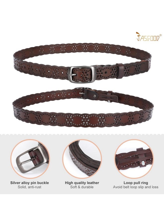 Women Hollow Flower Leather Belt For Jeans Pants Soft Leather Belt With Solid Pin Buckle(Coffee Fit Waist Size 3337 Inches)