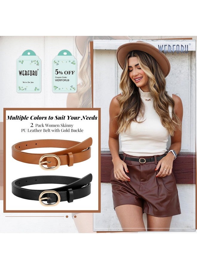 2 Pack Women'S Skinny Pu Leather Belt With Gold Buckle Ladies Thin Leather Leather Plus Size Waist Belt For Jeans Dress （Black+Brownfit Waist Size 3237 Inches