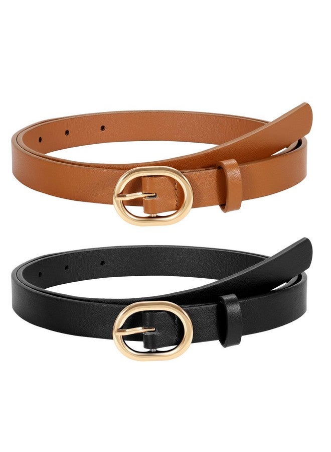 2 Pack Women'S Skinny Pu Leather Belt With Gold Buckle Ladies Thin Leather Leather Plus Size Waist Belt For Jeans Dress （Black+Brownfit Waist Size 3237 Inches