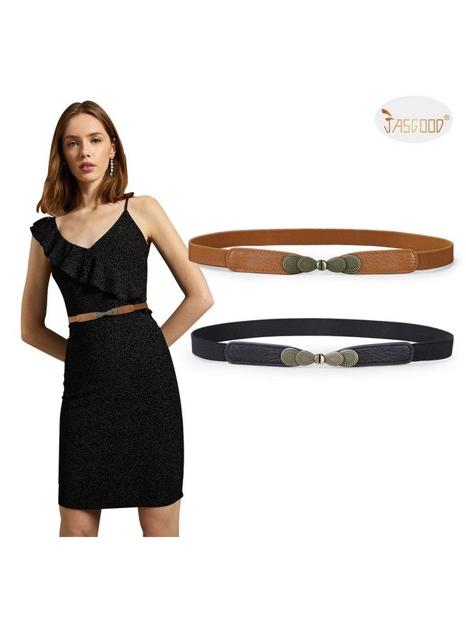 Women Skinny Elastic Stretch Belts For Dresses Retro Ladies Waist Vintage Thin Belts 2 Pack Brown+ Black Suit For Waist Size 2632 Inch