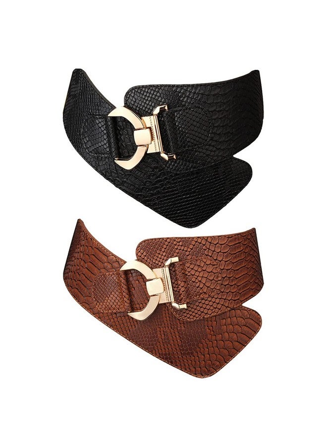 2 Pack Women'S Fashion Vintage Wide Elastic Stretch Waist Belt With Gold Interlock Buckle Dress Belts (Retro Black+Brownsuit Waist 3642 Inch)