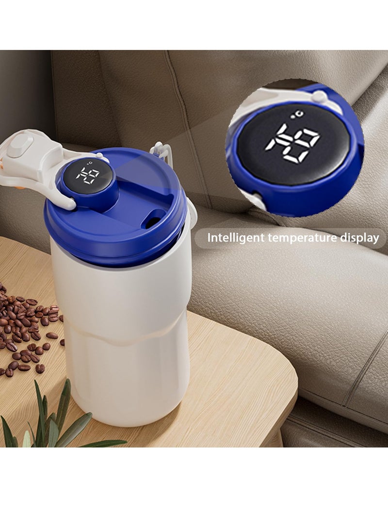 Insulated Stainless Steel Travel Coffee Mug LED Smart Temperature Display with Leak-Proof Lid, Keeps Cold for 12 Hours or Hot for 10 Hours for Ice Drinks and Hot Beverage 14oz Blue-White