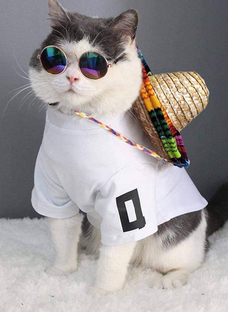 Dog Hat 3Pcs Mini Sombrero Mexican Hats for Dog Classic Retro Pet Sunglasses and Adjustable Pet Chain Breathable Outdoor Pet Visor Sun Bonnet Outfit Pet Supplies for Small Dog and Cat Straw Hat