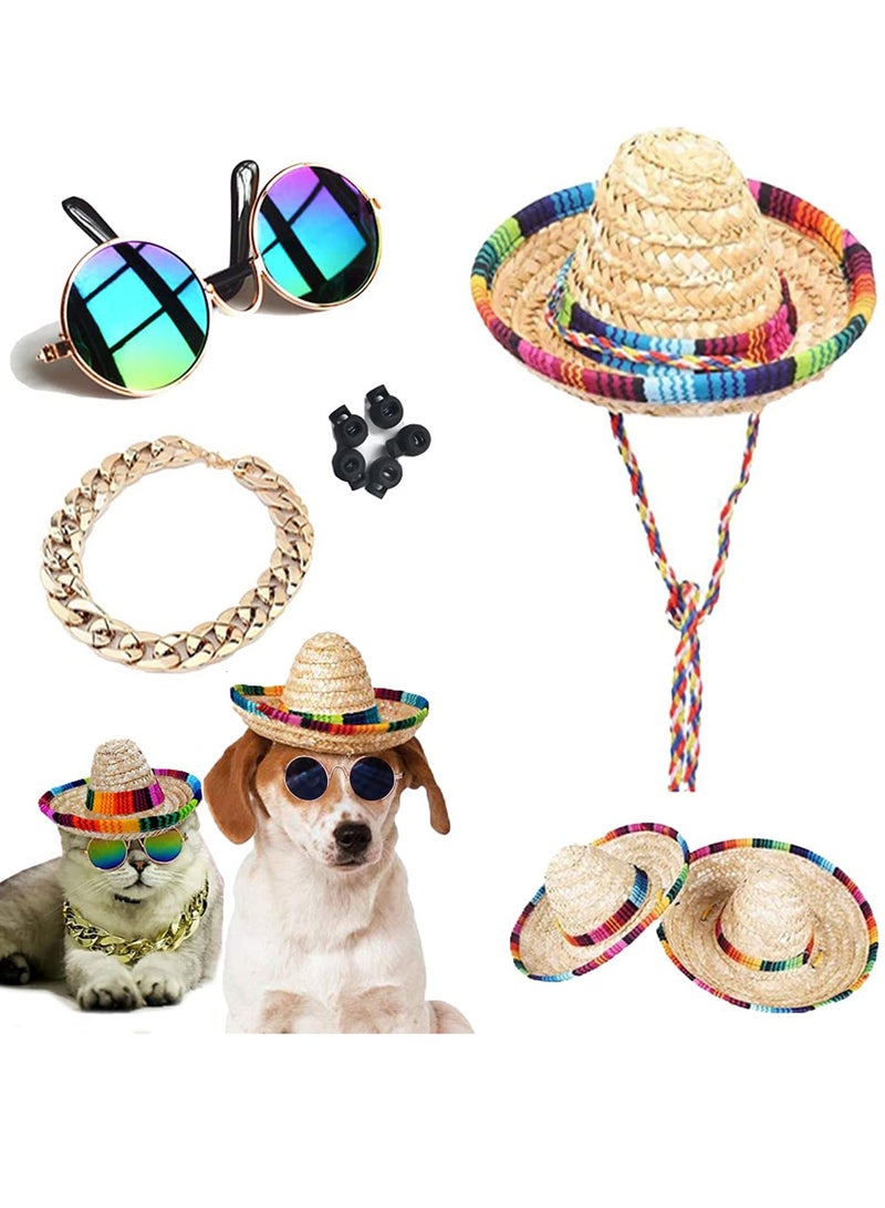 Dog Hat 3Pcs Mini Sombrero Mexican Hats for Dog Classic Retro Pet Sunglasses and Adjustable Pet Chain Breathable Outdoor Pet Visor Sun Bonnet Outfit Pet Supplies for Small Dog and Cat Straw Hat