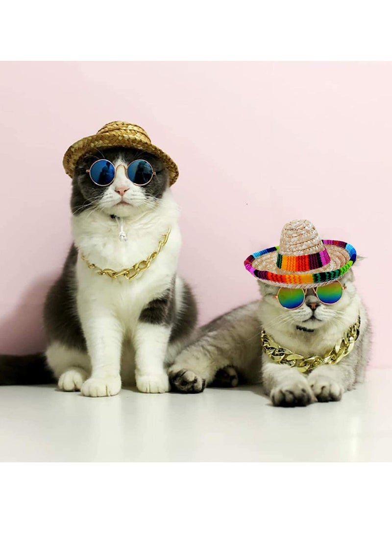 Dog Hat 3Pcs Mini Sombrero Mexican Hats for Dog Classic Retro Pet Sunglasses and Adjustable Pet Chain Breathable Outdoor Pet Visor Sun Bonnet Outfit Pet Supplies for Small Dog and Cat Straw Hat