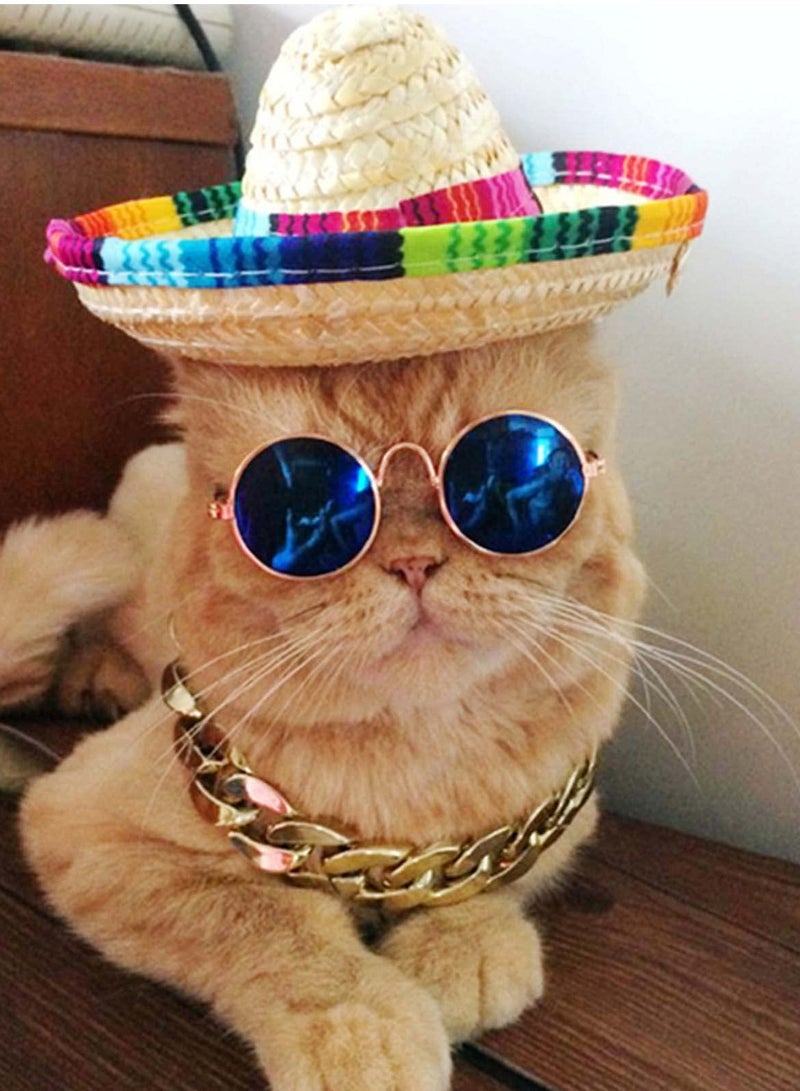 Dog Hat 3Pcs Mini Sombrero Mexican Hats for Dog Classic Retro Pet Sunglasses and Adjustable Pet Chain Breathable Outdoor Pet Visor Sun Bonnet Outfit Pet Supplies for Small Dog and Cat Straw Hat