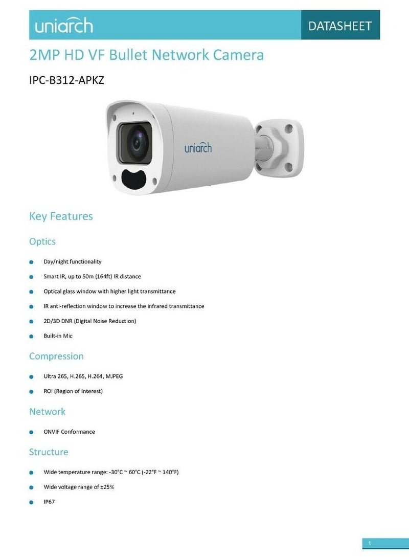 UNIARCH 2MP HD VF Bullet Network Camera