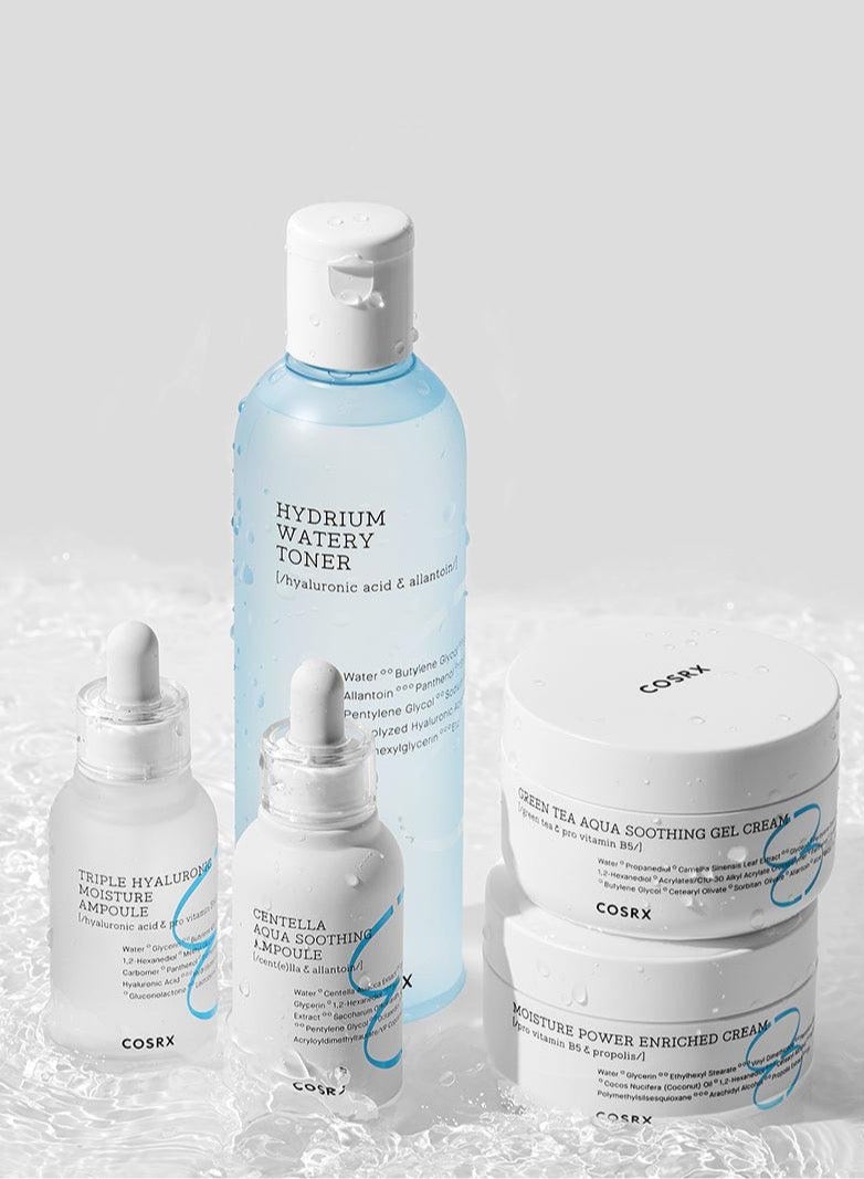 Hydrium Complete Hydration Set 4 - Hydrium Triple Hyaluronic Moisturizing Cleanser - Hydrium Watery Toner - Hydrium Centella Aqua Soothing Ampoule - Hydrium Green Tea Aqua Soothing Gel Cream 390ml