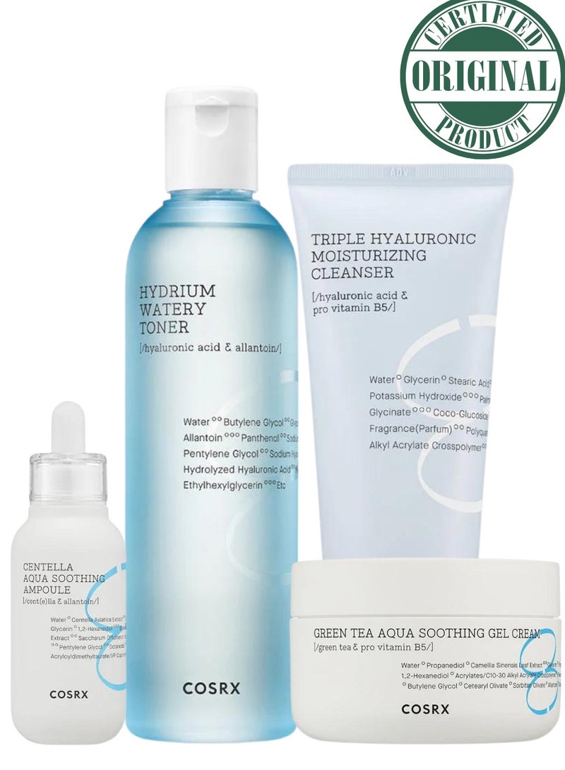 Hydrium Complete Hydration Set 4 - Hydrium Triple Hyaluronic Moisturizing Cleanser - Hydrium Watery Toner - Hydrium Centella Aqua Soothing Ampoule - Hydrium Green Tea Aqua Soothing Gel Cream 390ml