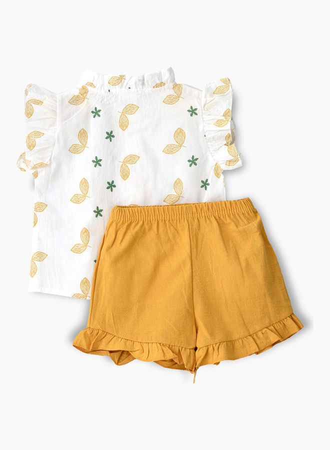 Printed T-Shirt And Shorts Set White/Yellow/Green