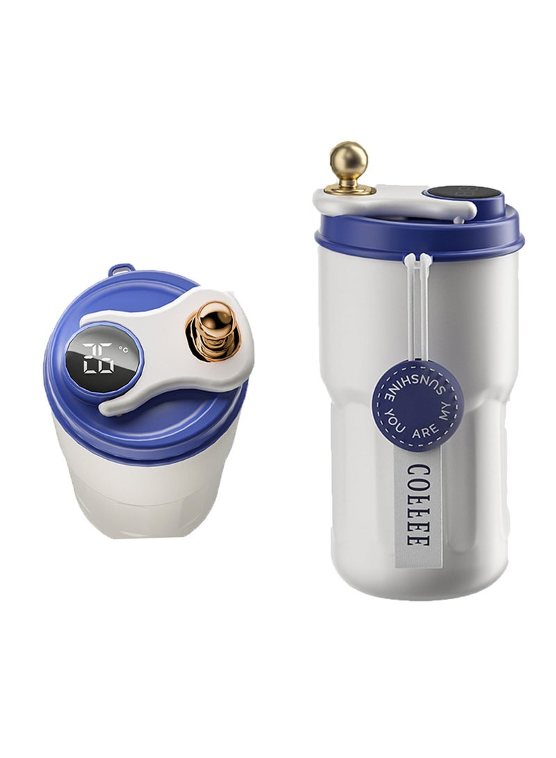 Insulated Stainless Steel Travel Coffee Mug LED Smart Temperature Display with Leak-Proof Lid, Keeps Cold for 12 Hours or Hot for 10 Hours for Ice Drinks and Hot Beverage 14oz Blue-White