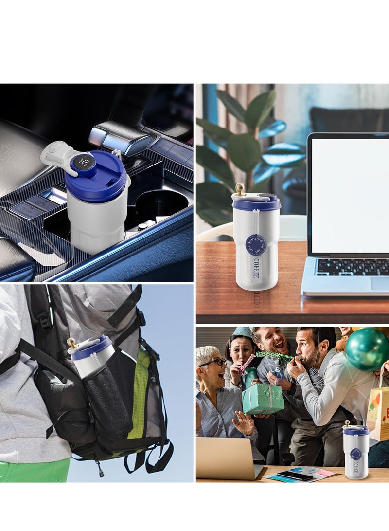 Insulated Stainless Steel Travel Coffee Mug LED Smart Temperature Display with Leak-Proof Lid, Keeps Cold for 12 Hours or Hot for 10 Hours for Ice Drinks and Hot Beverage 14oz Blue-White