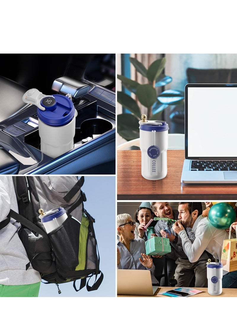 Insulated Stainless Steel Travel Coffee Mug LED Smart Temperature Display with Leak-Proof Lid, Keeps Cold for 12 Hours or Hot for 10 Hours for Ice Drinks and Hot Beverage 14oz Blue-White