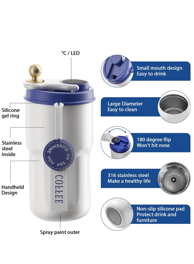 Insulated Stainless Steel Travel Coffee Mug LED Smart Temperature Display with Leak-Proof Lid, Keeps Cold for 12 Hours or Hot for 10 Hours for Ice Drinks and Hot Beverage 14oz Blue-White