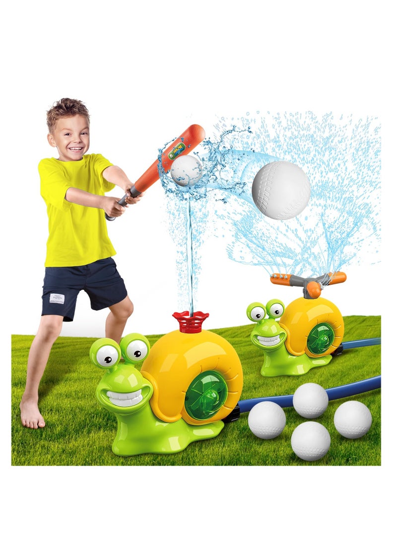 Water Sprinkler Baseball Toy for Kids Outdoor Play, 2 in 1 Snail Summer Water Game with 2 Sprinkler Heads, Summer Outside Toys, Splashing Fun Toys for Kids, 360° Roating Spray Water Baseball