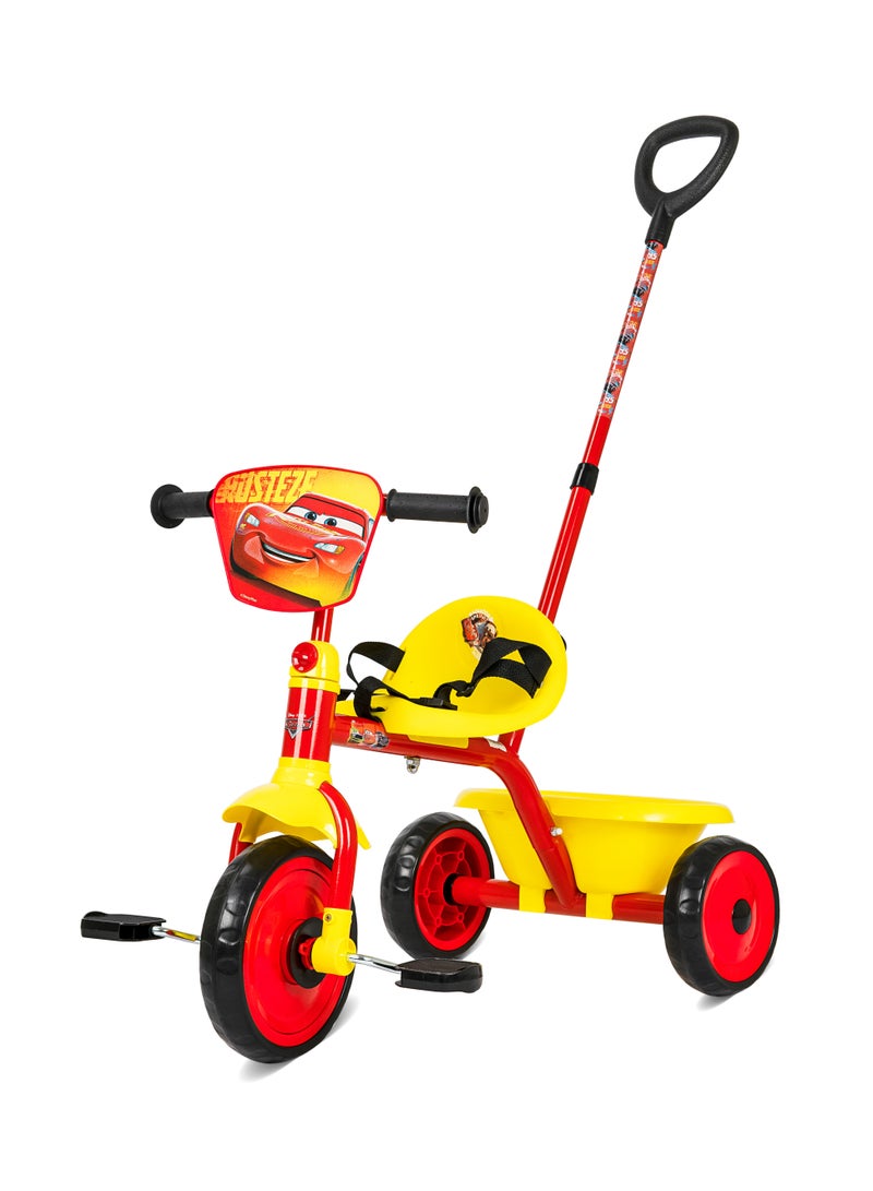 Spartan Disney Cars Tricycle with Pushbar - Ergonomic Seat l Free-Wheel Pedal l 3-Point Safety Belt l Adjustable Handlebar l Detachable Push Bar l Comfortable & Safe Ride for Kids l Toddler Trike