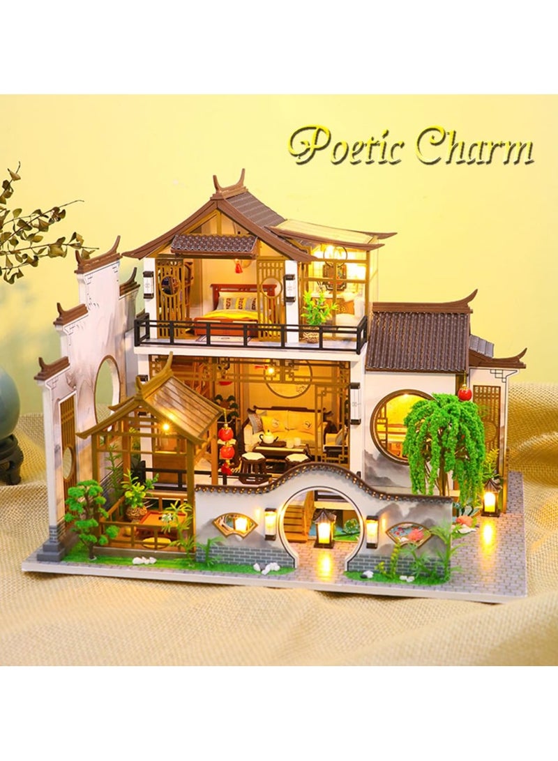 Miniature House Kit DIY Mini Dollhouse, Green House with Furniture and LED, Large Ancient Style Wooden Dollhouse Includes Dustcover and Music Movement, Exquisite Home Decor