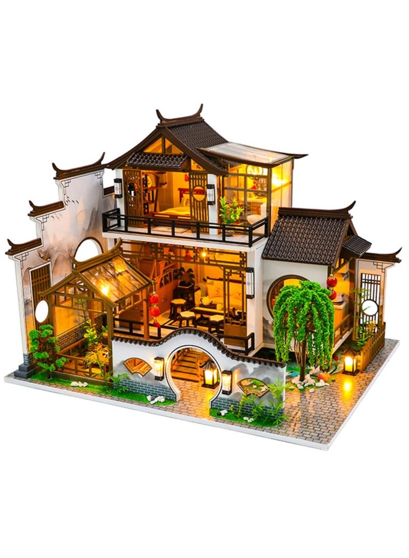 Miniature House Kit DIY Mini Dollhouse, Green House with Furniture and LED, Large Ancient Style Wooden Dollhouse Includes Dustcover and Music Movement, Exquisite Home Decor