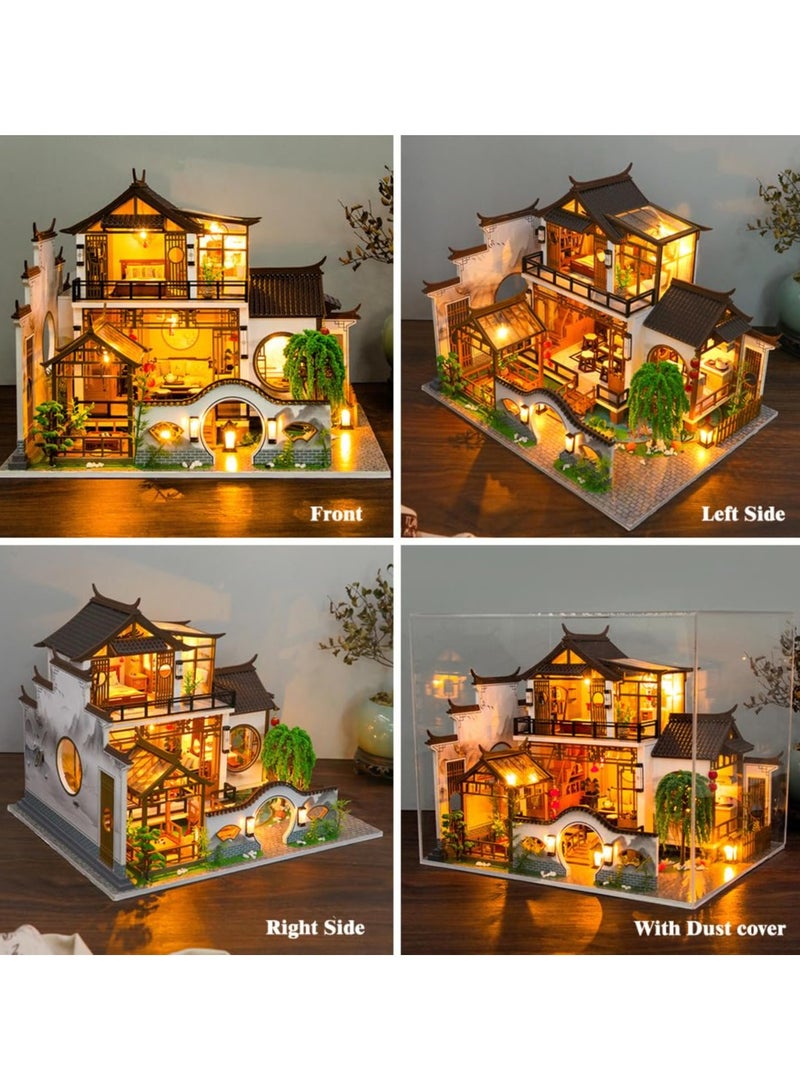 Miniature House Kit DIY Mini Dollhouse, Green House with Furniture and LED, Large Ancient Style Wooden Dollhouse Includes Dustcover and Music Movement, Exquisite Home Decor