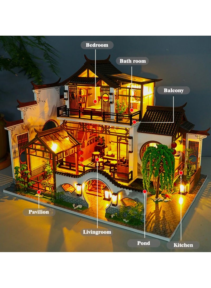 Miniature House Kit DIY Mini Dollhouse, Green House with Furniture and LED, Large Ancient Style Wooden Dollhouse Includes Dustcover and Music Movement, Exquisite Home Decor