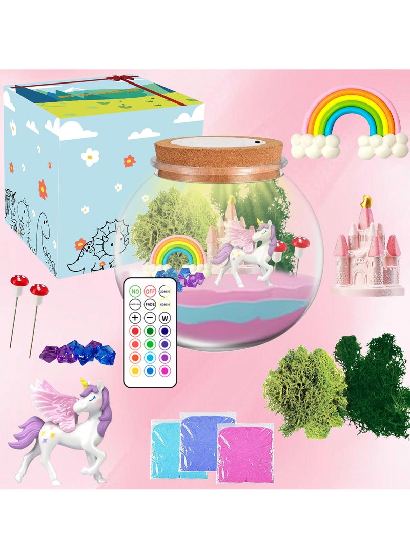 Unicorns Terrarium Gifts for Kids Light Up Terrarium Crafts Kit with DIY Moon Lamp Unicorns Toys for Girls Arts and Crafts Night Light Children's Educational Toy LED Light Birthday Gift