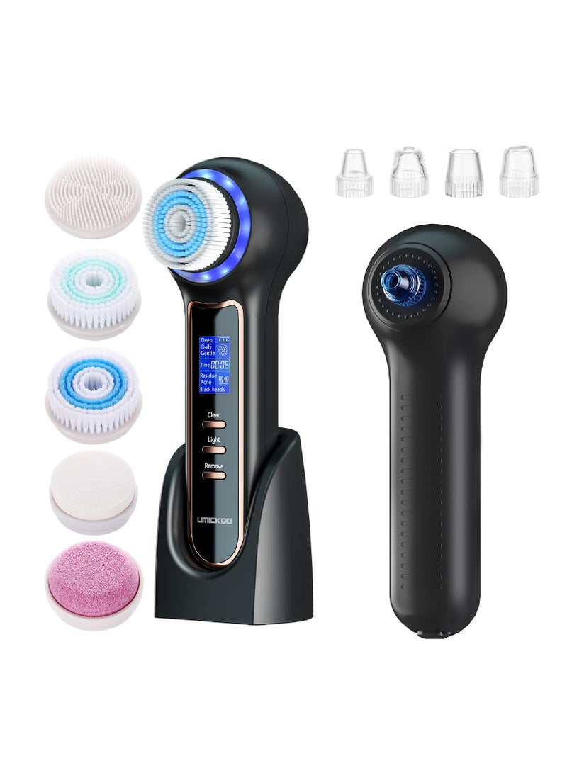 Face Scrubber Exfoliator with LCD Screen, Rechargeable Facial Cleansing Brush IPX7 Waterproof, 3 in 1 Blackhead Remover Vacuum for Exfoliating, Massaging and Deep Pore Cleansing, Black