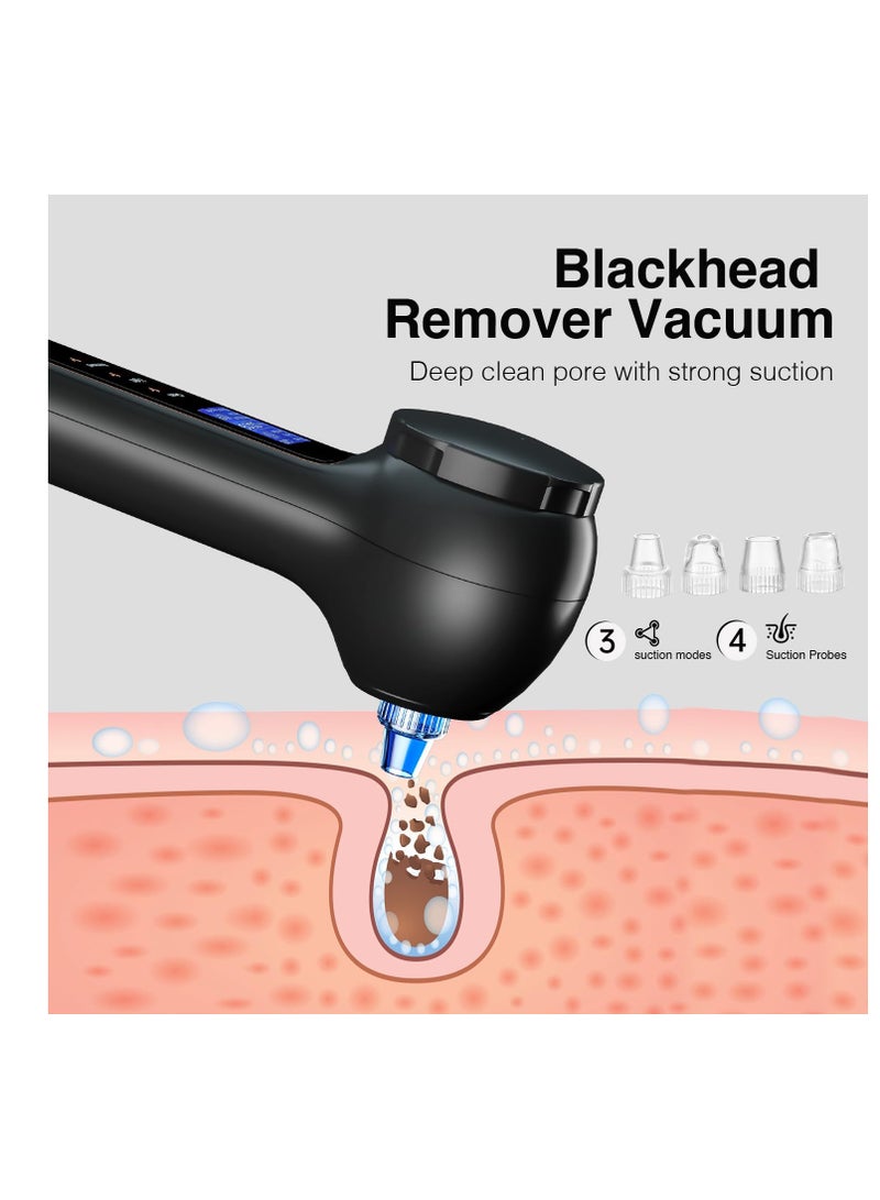 Face Scrubber Exfoliator with LCD Screen, Rechargeable Facial Cleansing Brush IPX7 Waterproof, 3 in 1 Blackhead Remover Vacuum for Exfoliating, Massaging and Deep Pore Cleansing, Black