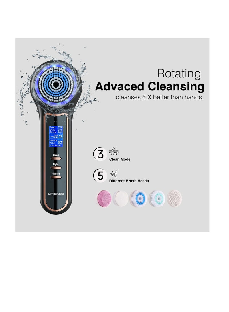 Face Scrubber Exfoliator with LCD Screen, Rechargeable Facial Cleansing Brush IPX7 Waterproof, 3 in 1 Blackhead Remover Vacuum for Exfoliating, Massaging and Deep Pore Cleansing, Black