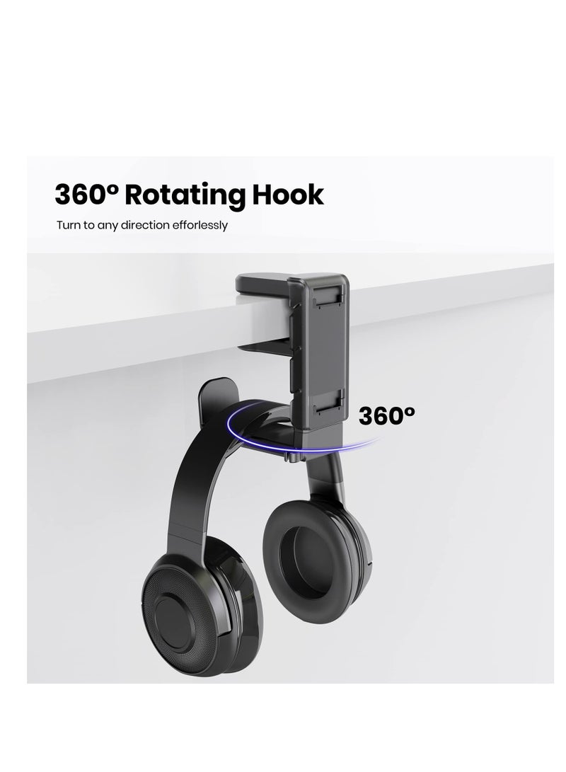 3-in-1 PC Gaming Headset and Controller Holder, Headphone Stand with Adjustable Clamp, 2 Controller Holders, Rotating Arm, and Cable Organizer, Universal PC Gaming Accessory Controller Headset Stand